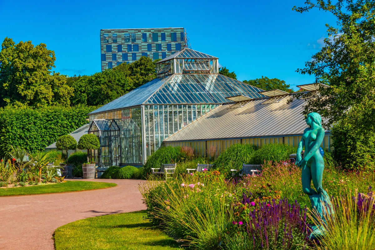 The palm house and flowering perennial beds in the Trädgårdsföreningen park